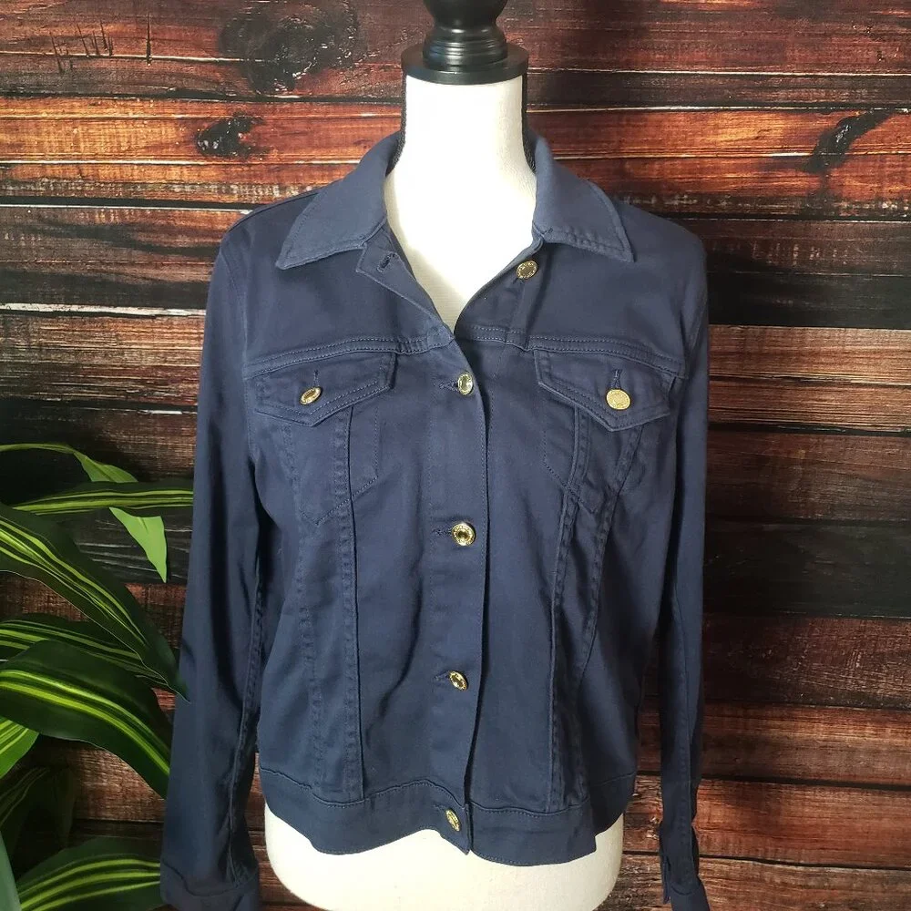 NWT Michael Kors Jacket L Navy Blue Cropped Cotton Stretch Gold Buttons